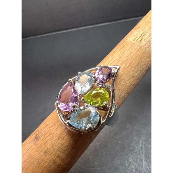 unknown Jewelry - Vintage multi gemstone sterling silver cluster ring size 7